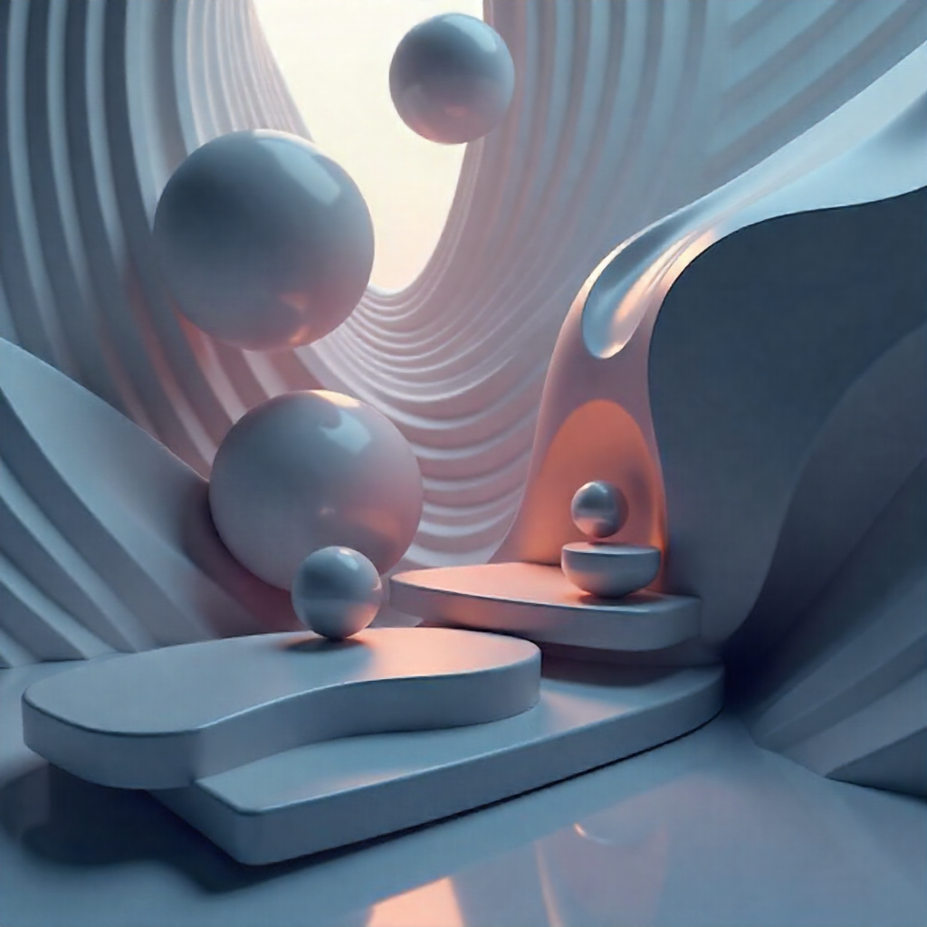Abstract digital artwork featuring metallic spheres of varying sizes on a futuristic, curved platform with a tunnel-like background and soft lighting.