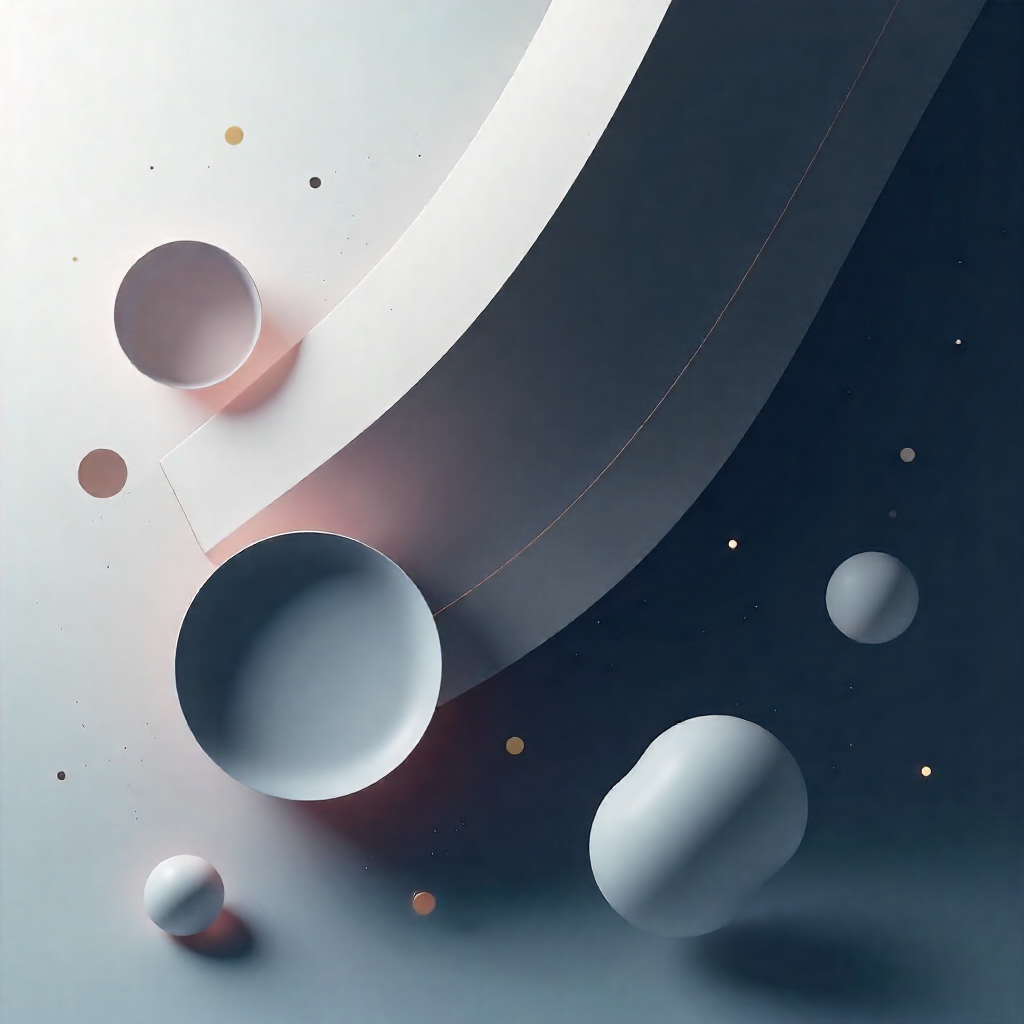 Abstract artwork featuring various sized spheres and geometric shapes in shades of white, gray, and black, set against a dark background with small specks of light.