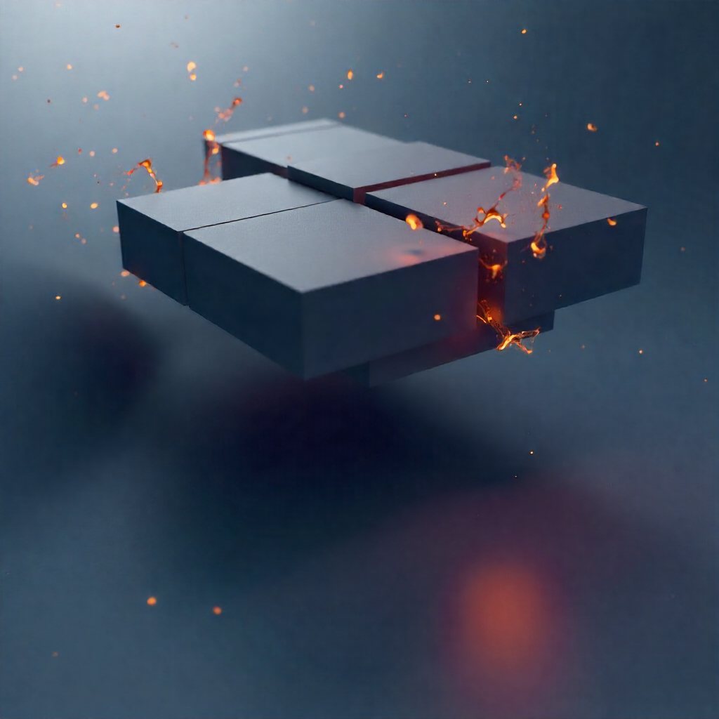 A black rectangular object with a red and black stripe, with sparks and flames flying around, giving an impression of burning or ignition.