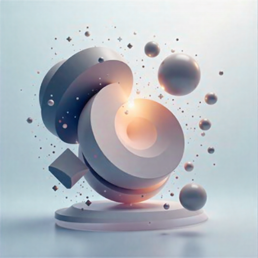 Abstract 3D digital art featuring geometric shapes, primarily spheres and cubes, floating in space with a glowing light source.