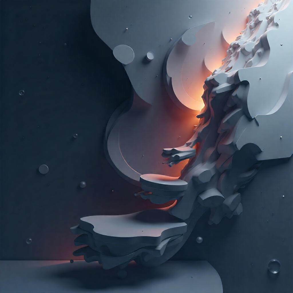 Abstract 3D sculpture of a human face with glowing orange light, set against a dark background with floating spheres.