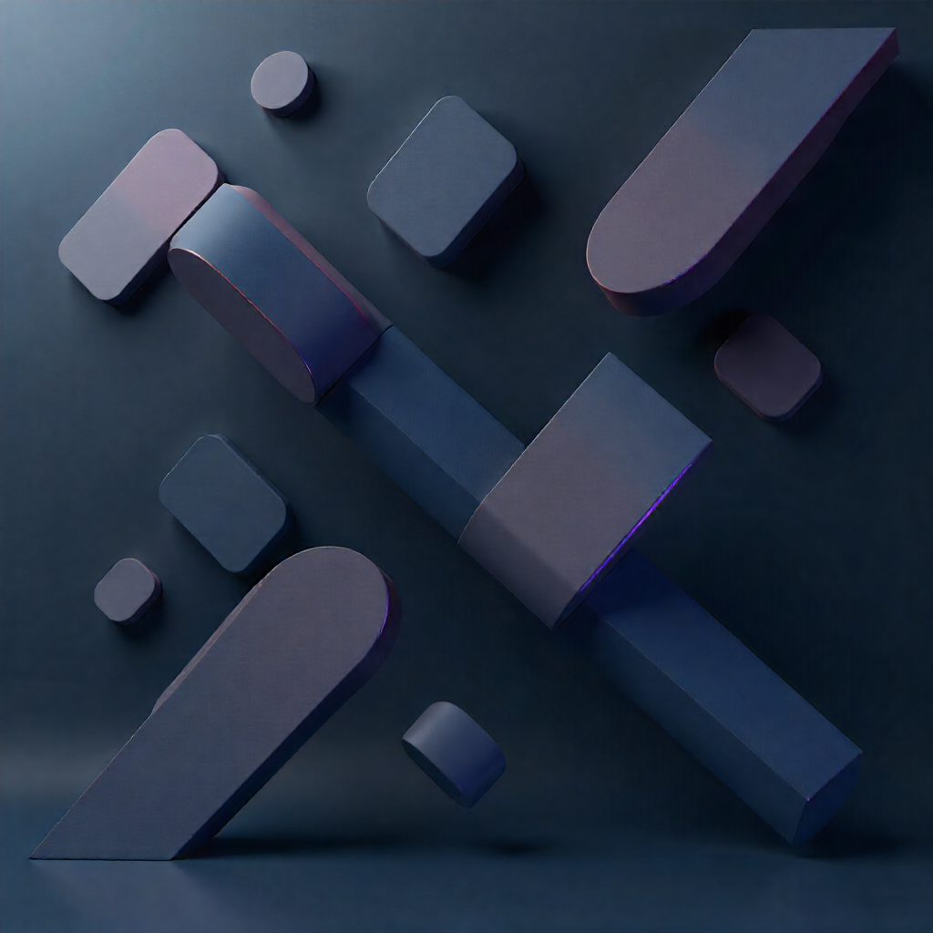 Abstract 3D geometric shapes in shades of blue and purple on a dark background.