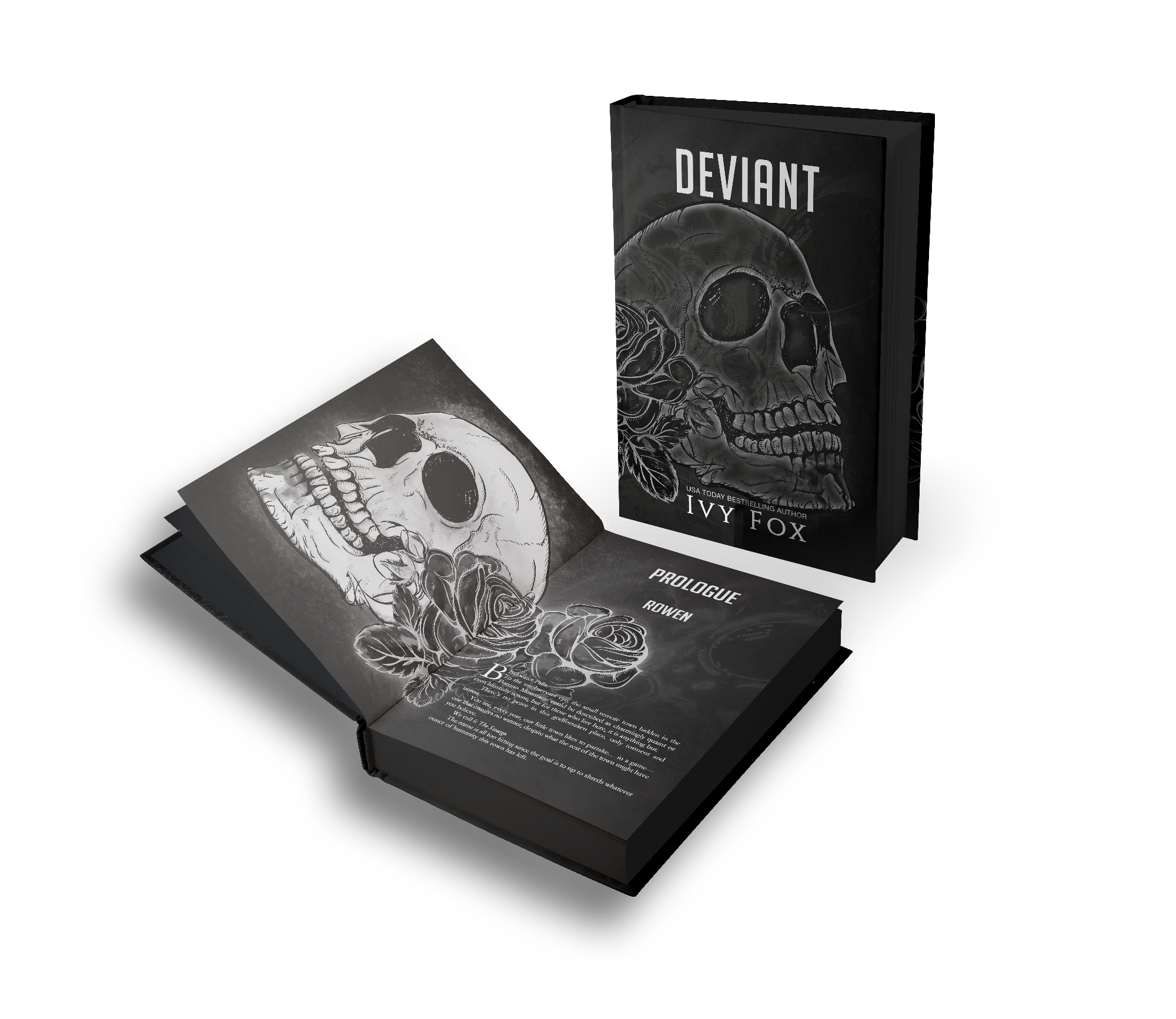 A black paperback book titled 'Deviant' by Ivy Fox, featuring a skull illustration on the cover, and an open book with a matching skull and roses illustration and the word 'Prologue' inside.