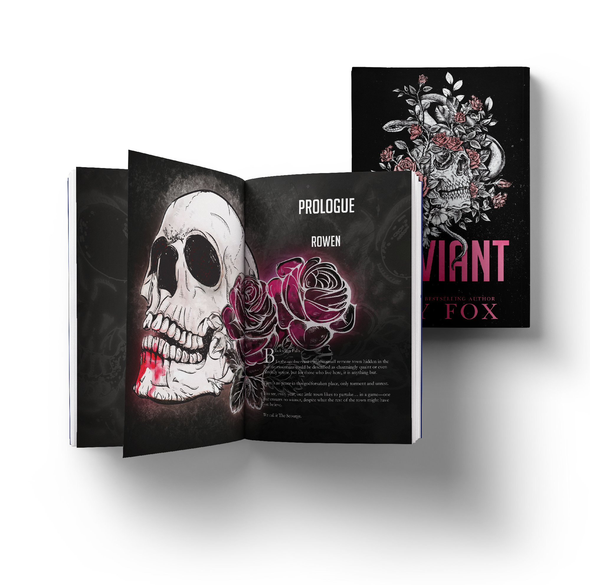 Open book showing a page with a skull and roses, titled 'PROLOGUE' by Rowen, alongside a closed book cover featuring a skull with roses and the title 'VIGANT' by Fox.