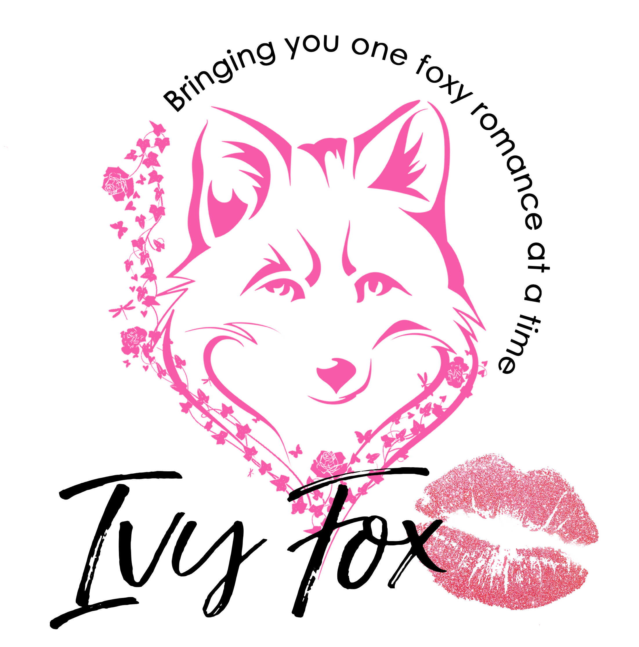 Stylized illustration of a smiling cat's face with pink floral outline, and pink glittery lips in the bottom right corner, on a black background.