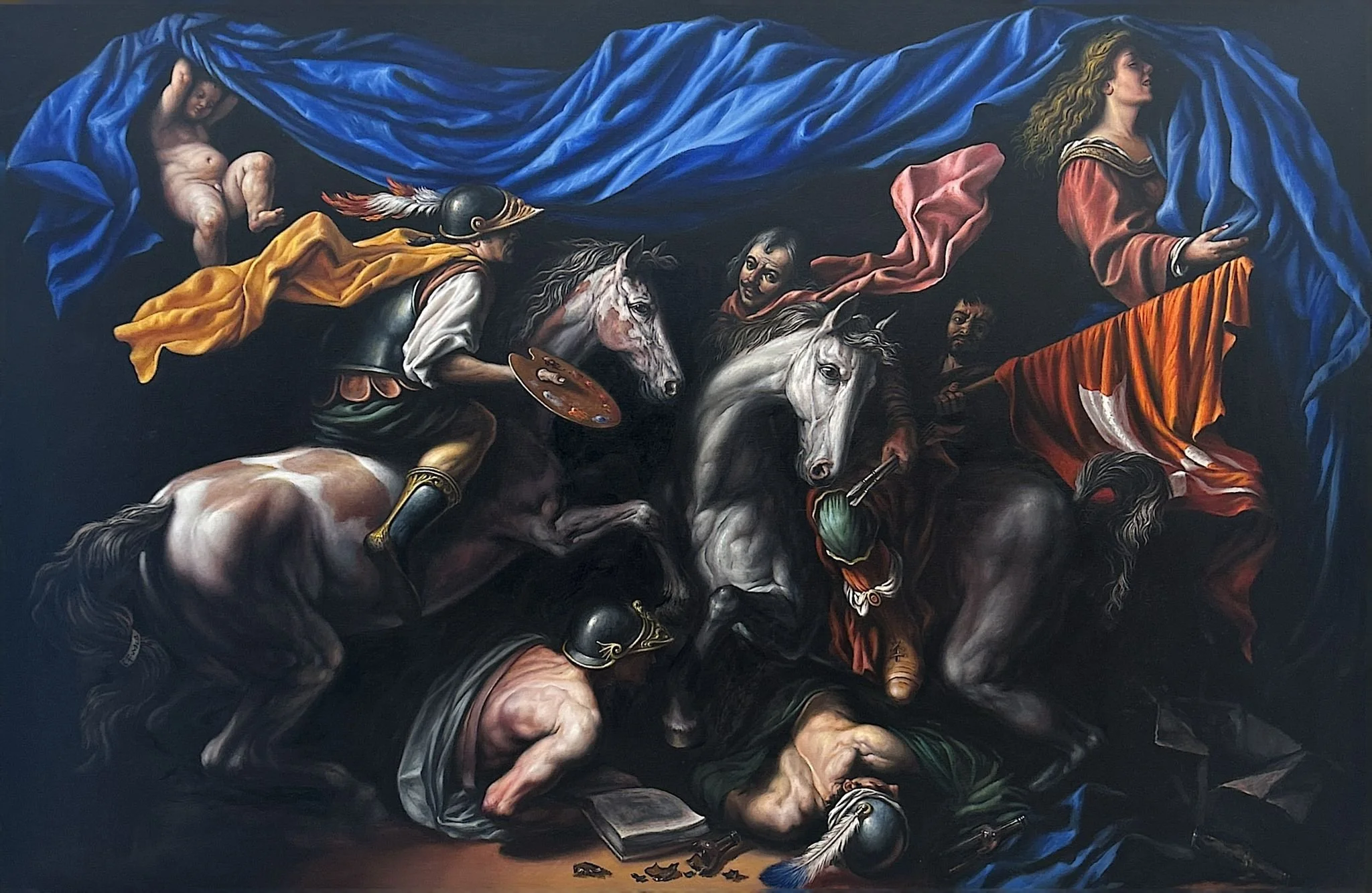 Dipinto religioso con figure in abbigliamento storico, cavalli, e drappe blu e rosse.