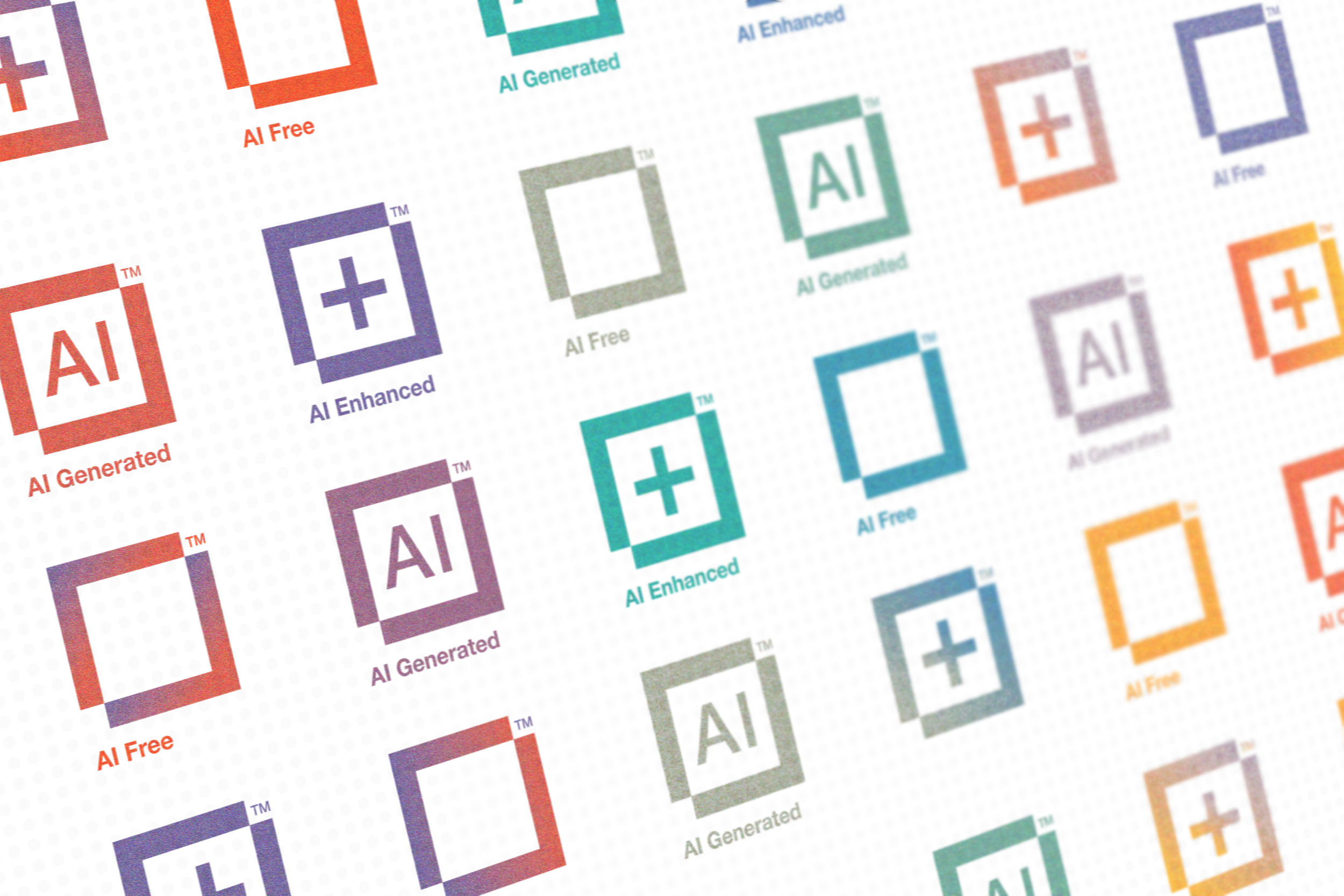 Collection of colorful AI-themed icons with labels 'AI Generated', 'AI Enhanced', 'AI Free' on a dotted white background.