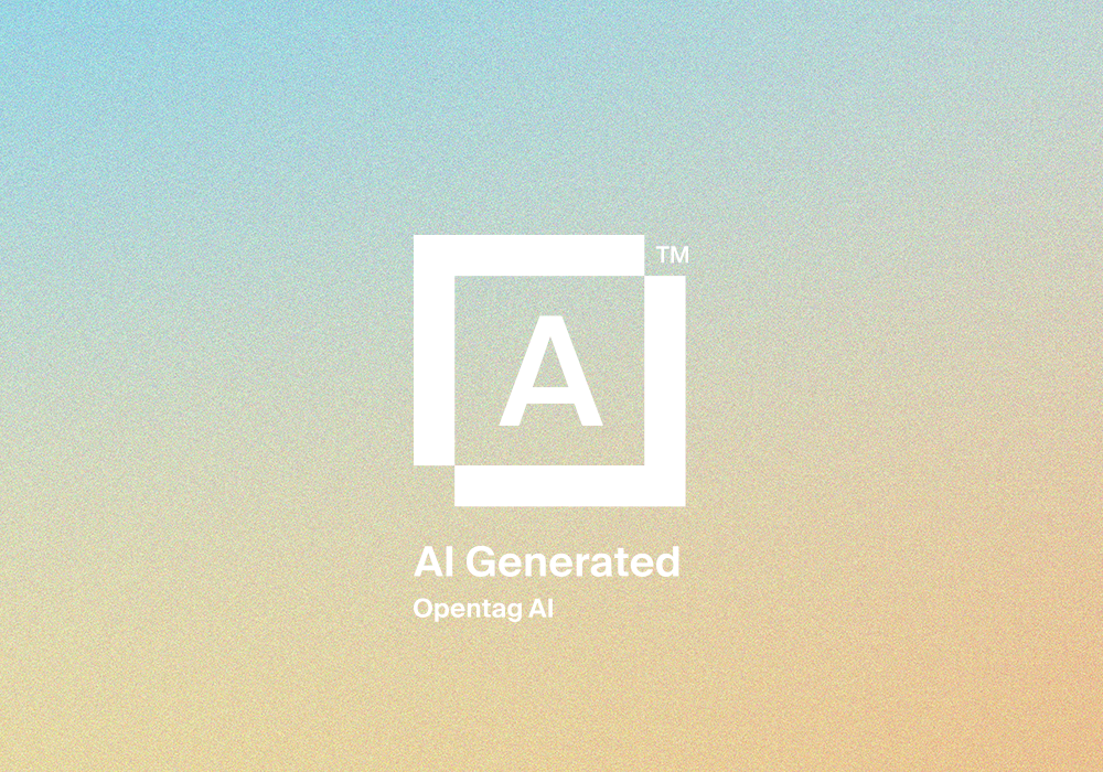 A colorful gradient background with the Opentag AI logo and text that reads "AI Generated" and "Opentag AI."