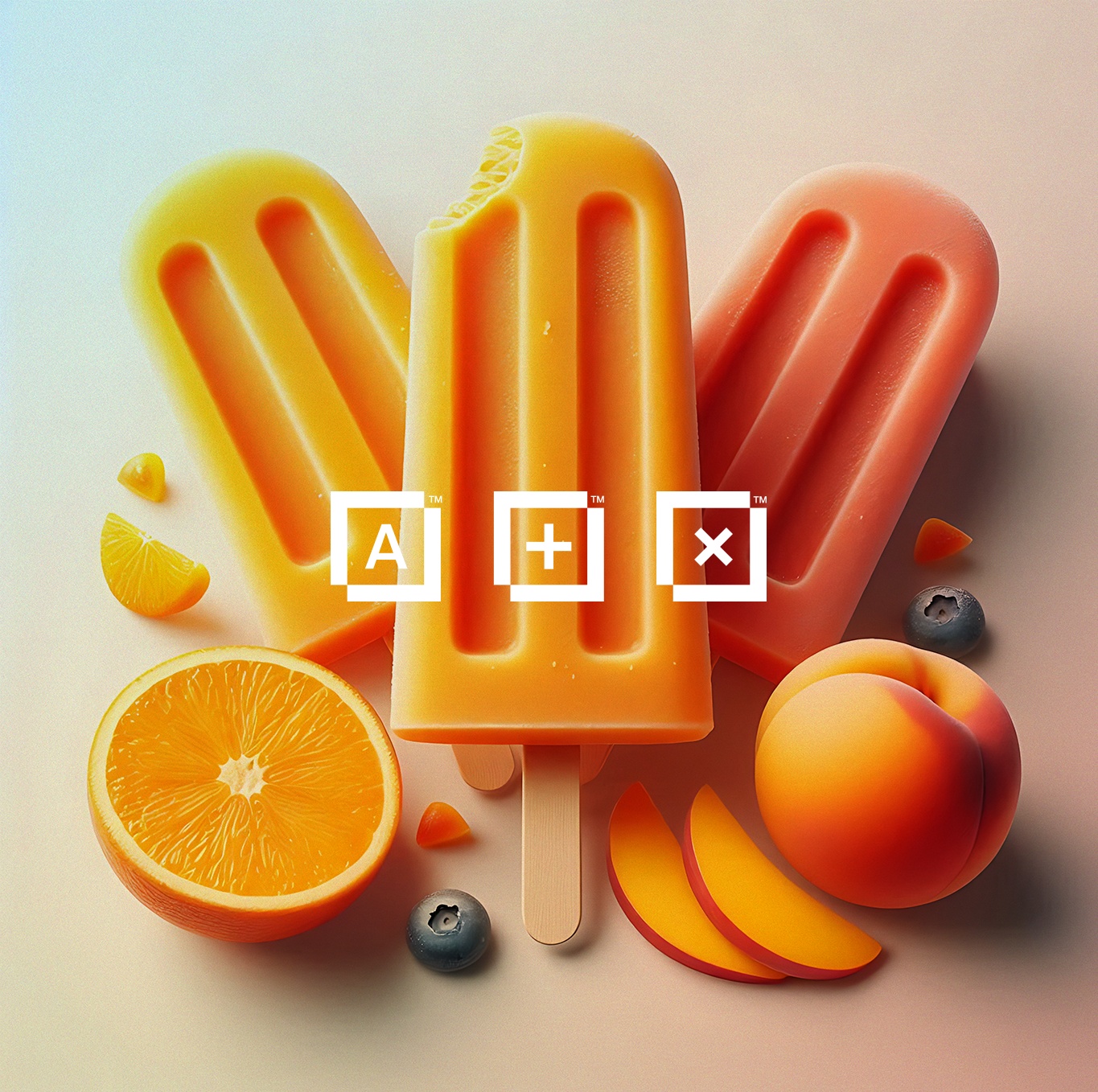 Three colorful popsicles, orange, yellow, and pink, surrounded by slices of orange, peach, and blueberries, with additional small fruit pieces around them.