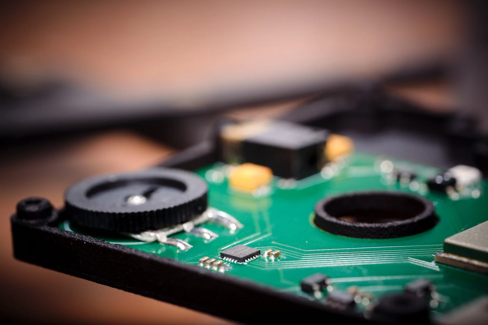 Close-up of a printed circuit board with electronic components.