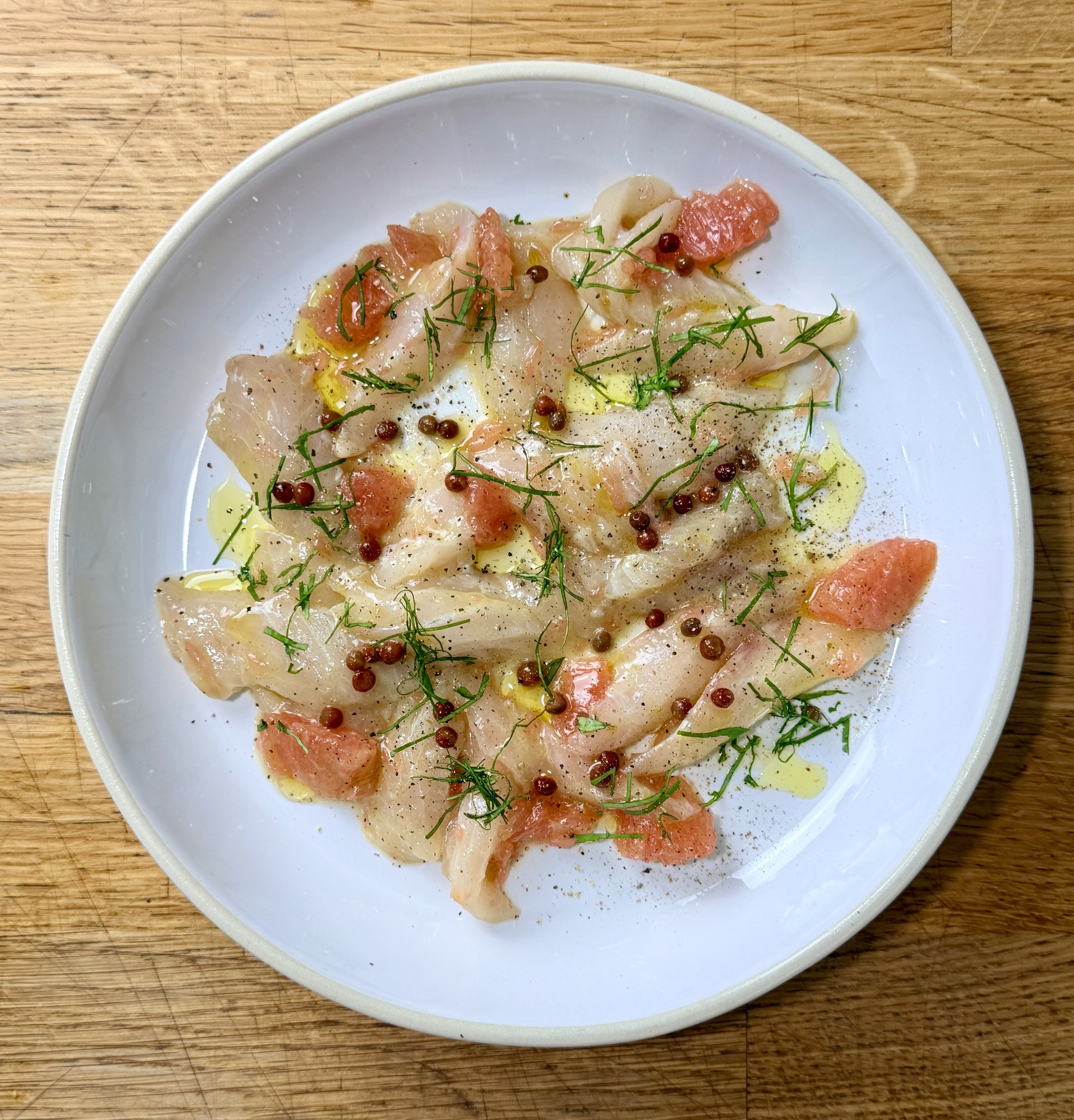 Seabass Crudo, Grapefruit, Pink Peppercorns