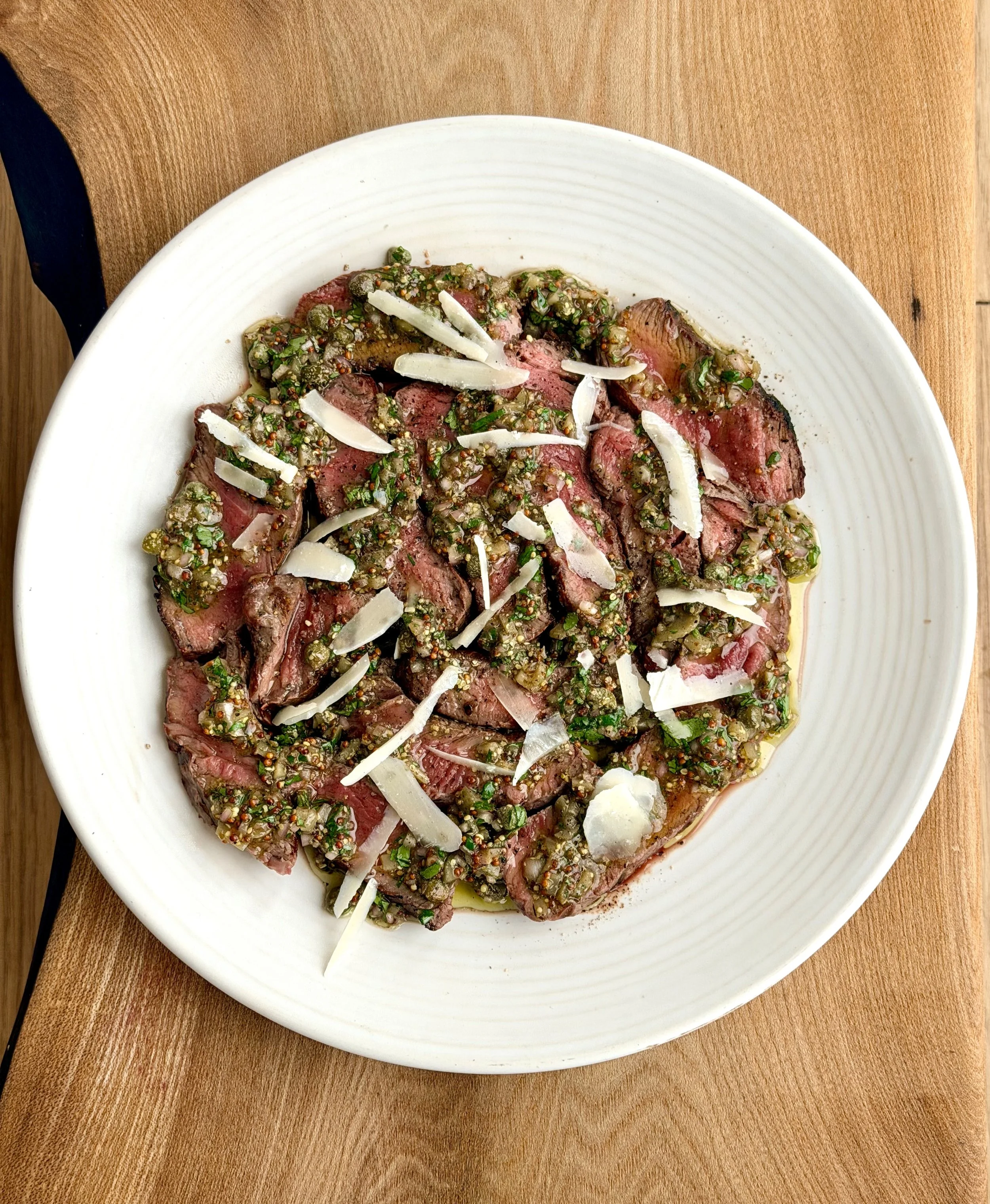 Charred and chopped fillet steak, shallot, capers, parmesan
