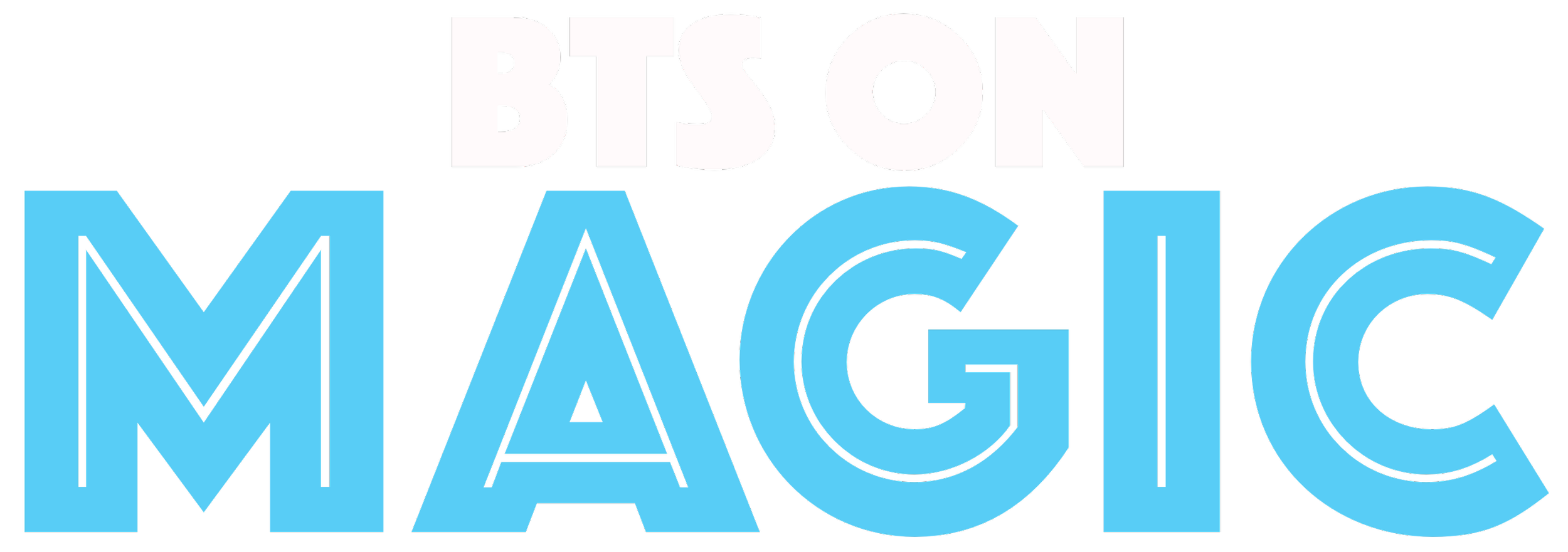 Text that reads 'BTS MAGIC' with 'BTS' in white and 'MAGIC' in blue, on a black background. Behind the scenes on MAGIC!