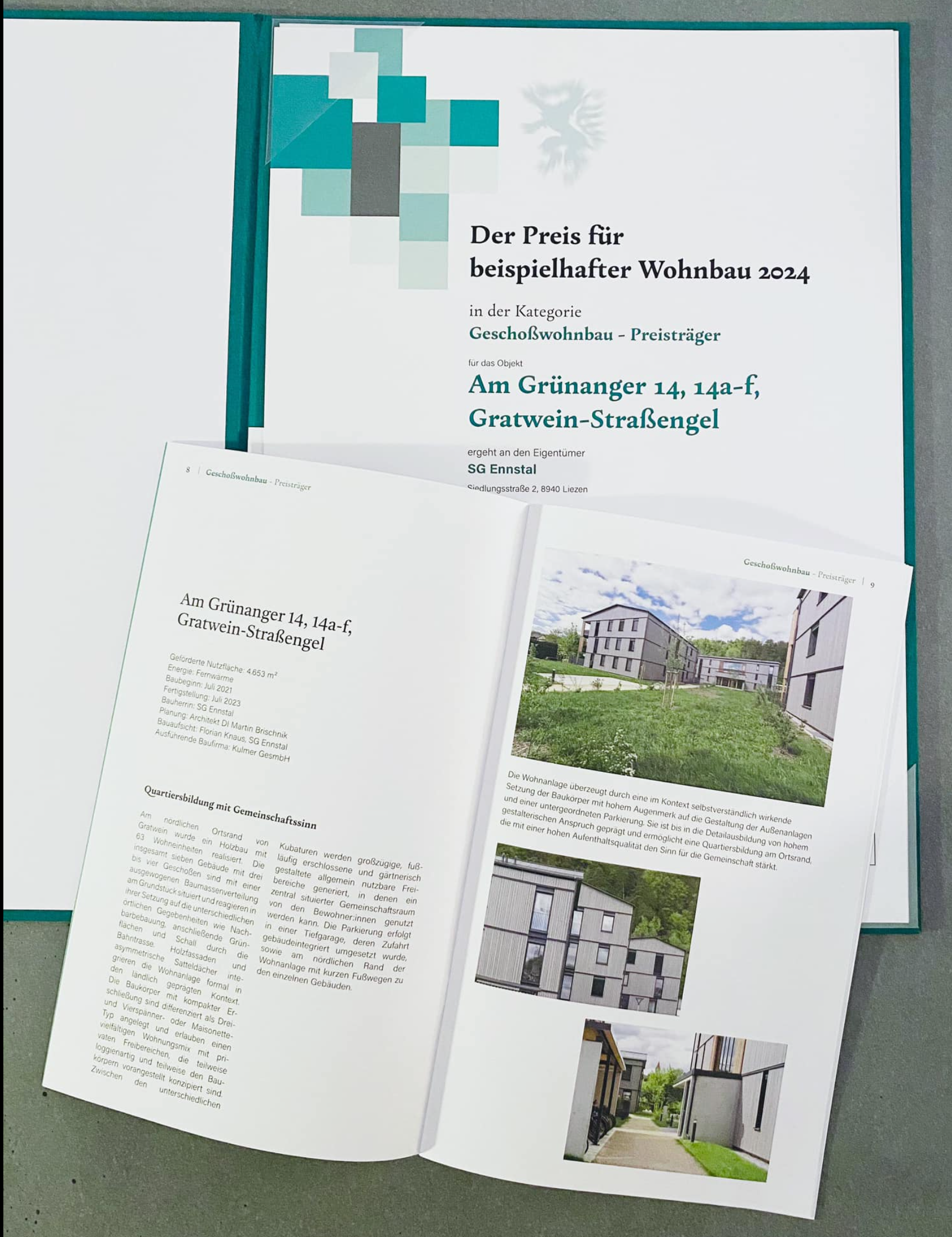 A collection of architectural flyers and brochures detailing a residential building project at Am Grünanger 14, 14a-f, Gratwein-Straßengel, showcasing photographs of modern apartment buildings, and text in German describing the project.
