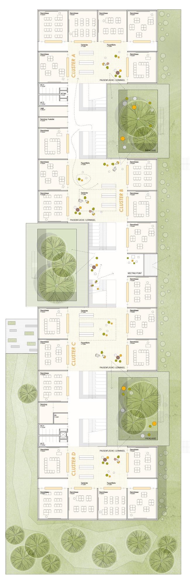 First-floor plan showing learning clusters and planted courtyards