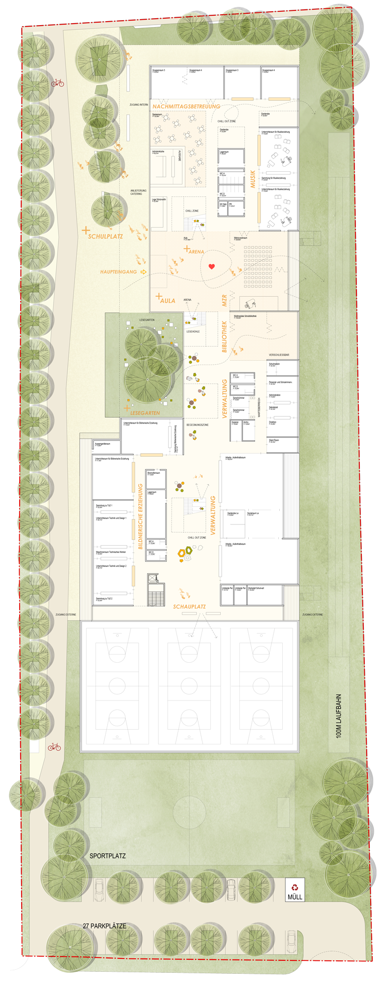 Ground-floor plan with aula, library and sports hall