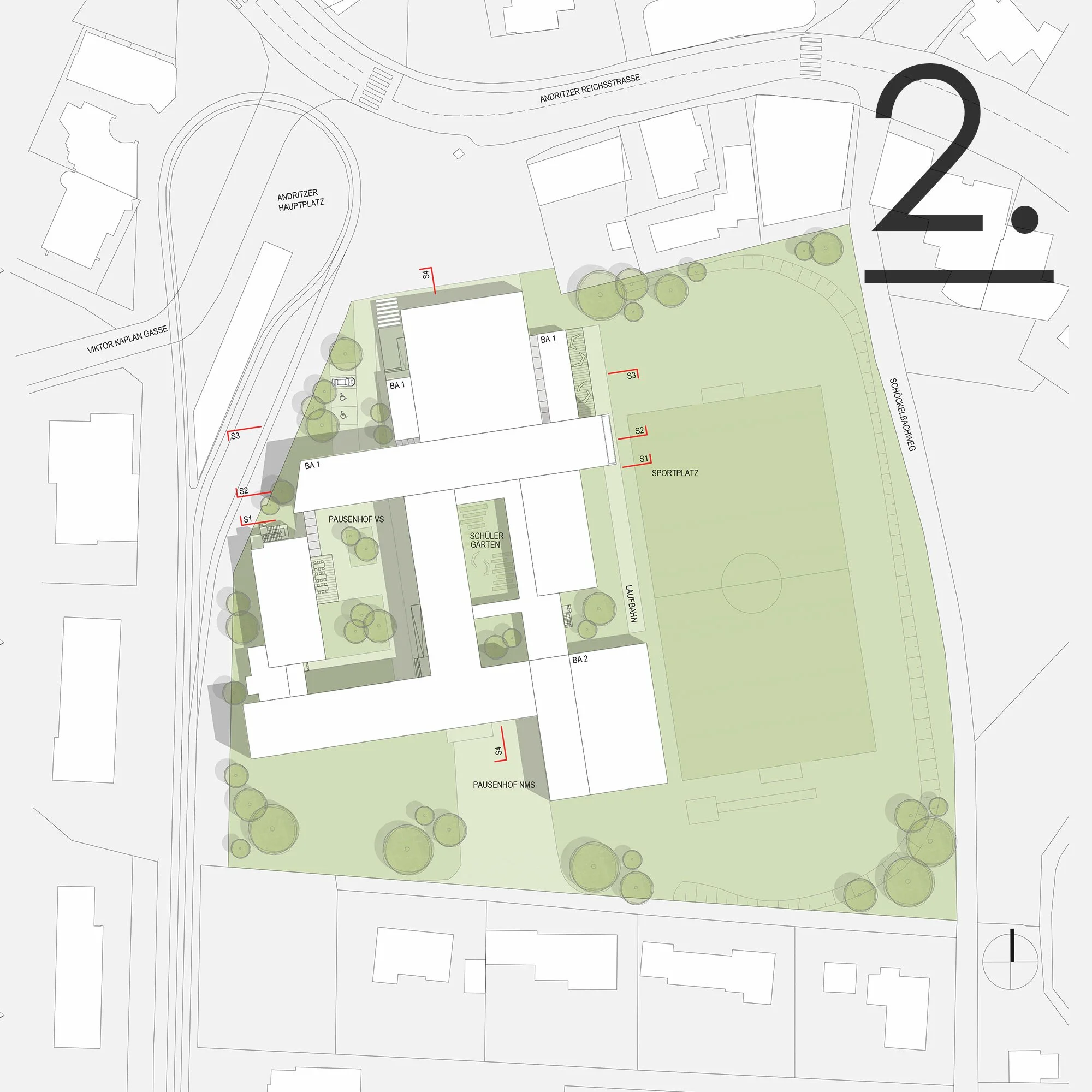 A detailed architectural plan of an urban outdoor area including streets, pathways, buildings, trees, and designated zones such as a sports field and school garden.