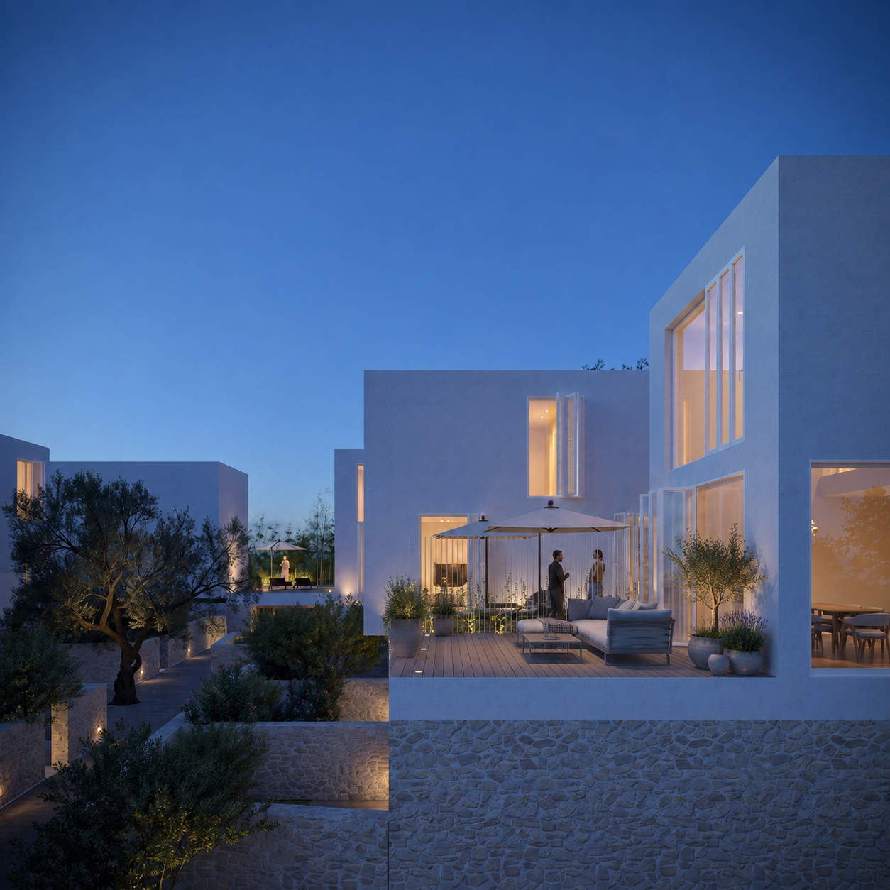 Terraced residences and Mediterranean gardens at dusk