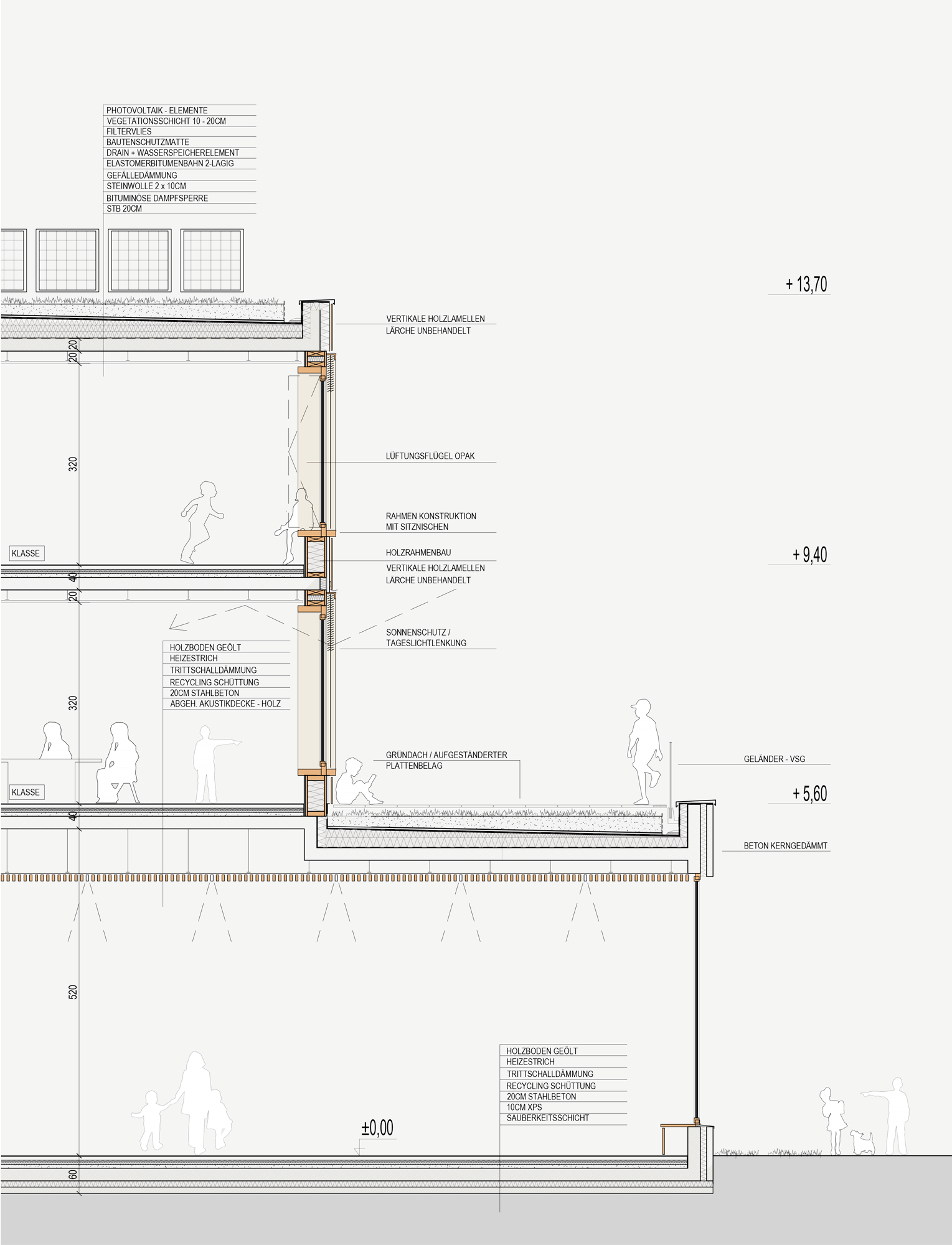 Façade section showing concrete base and timber upper floors