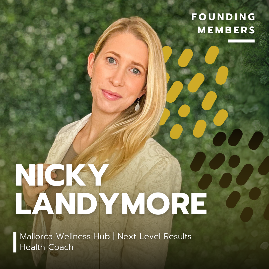 A woman with long blonde hair and blue eyes standing outdoors with a blurred green background. Text overlay includes "Nicky Landy More," "Founding Members," "Mallorca Wellness Hub," "Next Level Results," and "Health Coach."