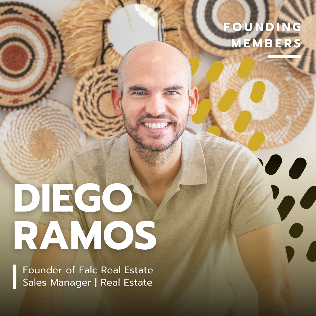 A man with a shaved head and beard smiling at the camera, sitting in front of a wall decorated with woven baskets. Text overlays include 'Founding Members,' 'Diego Ramos,' and titles 'Founder of Falc Real Estate,' 'Sales Manager,' and 'Real Estate.'