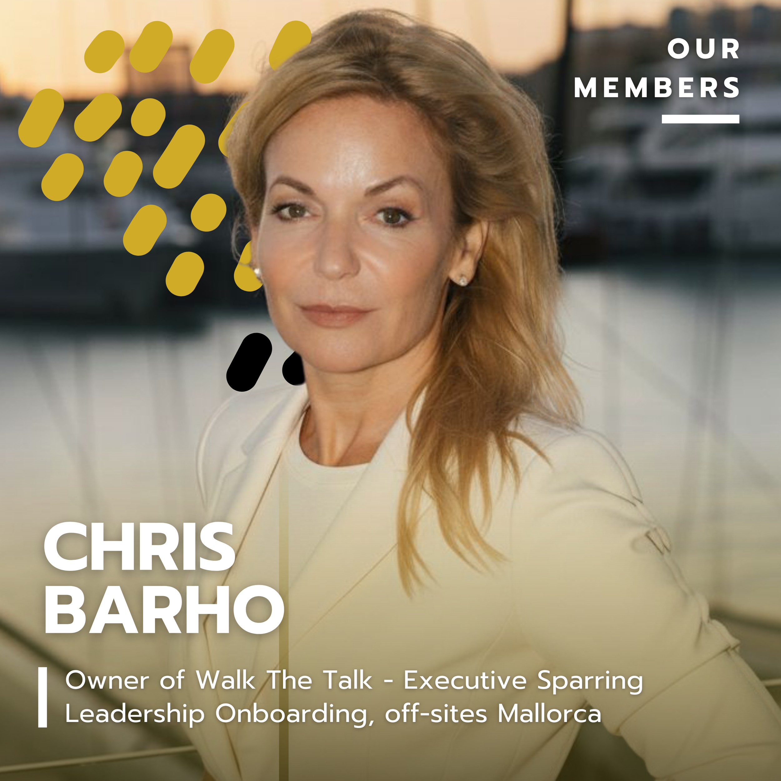 Professional woman with blonde hair in a white blazer, standing indoors with a blurred cityscape in the background, with graphic elements and text next to her.