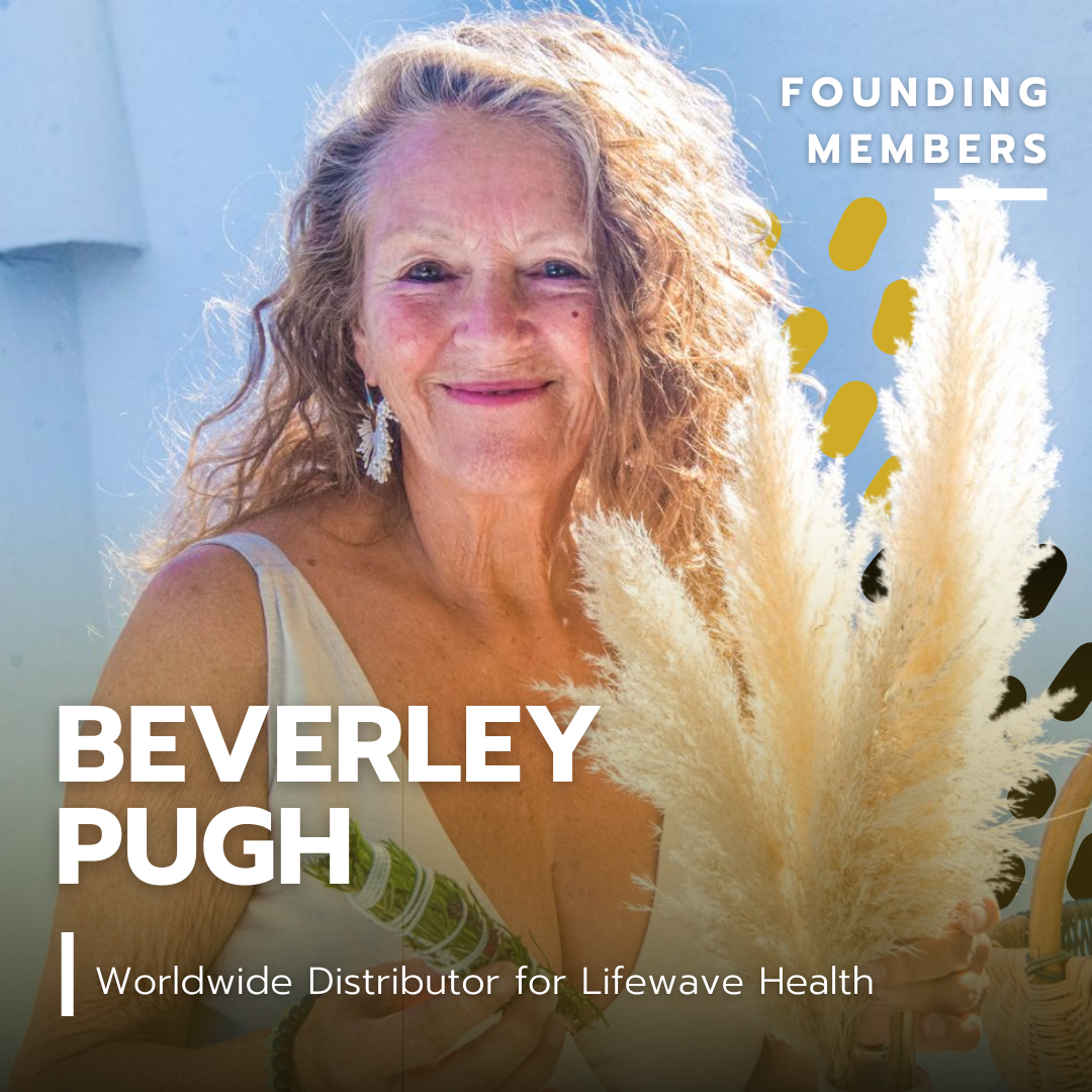 Portrait of Beverly Pugh with curly blonde hair, smiling, holding pampas grass, wearing earrings, in front of a light blue background with text that reads 'Founding Members' and 'Beverley Pugh, Worldwide Distributor for Lifewave Health'.