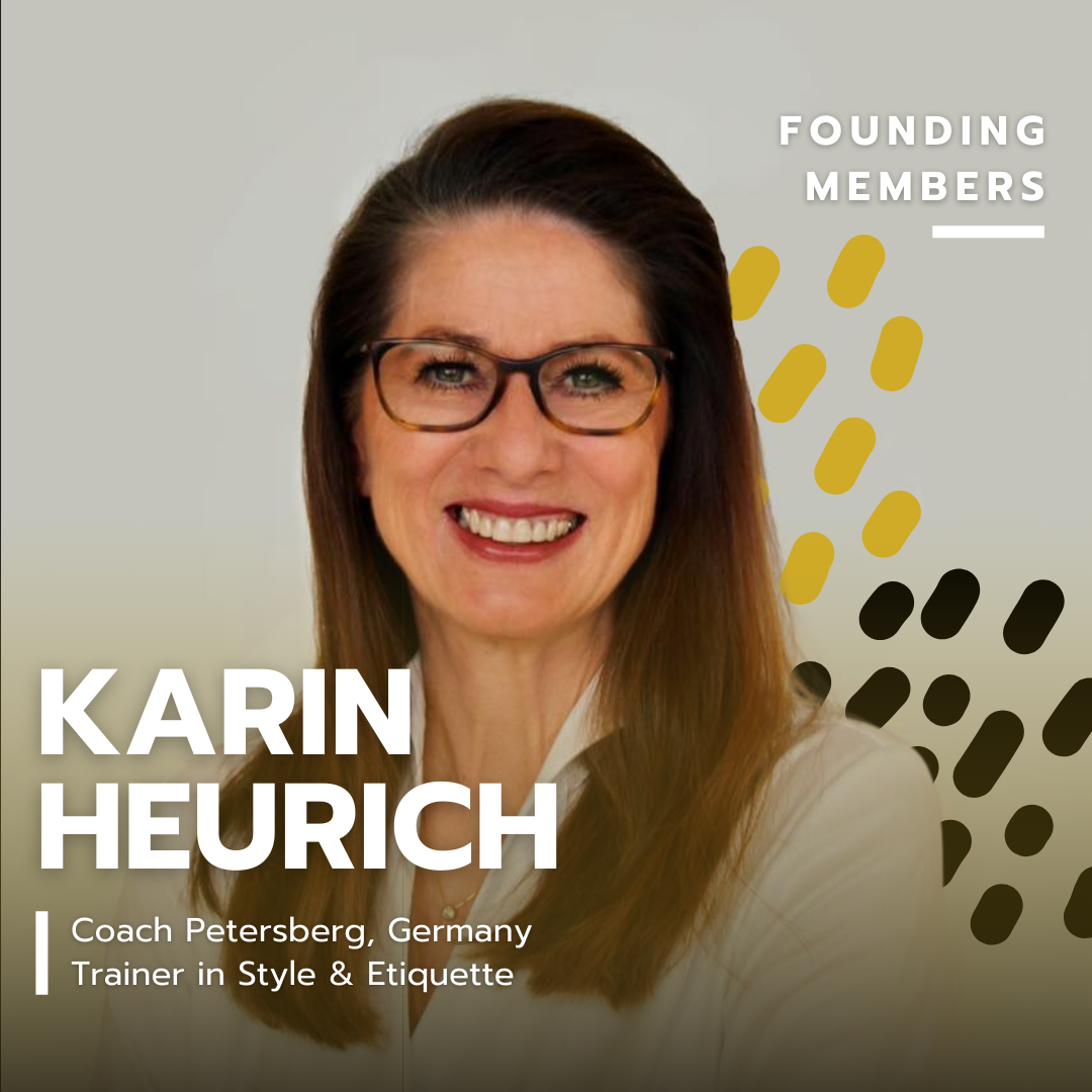 A professional headshot of Karin Heurich, a woman with long brown hair, glasses, and a friendly smile, against a neutral background. Text overlays describe her as a founding member, coach from Petersberg, Germany, and trainer in style and etiquette.