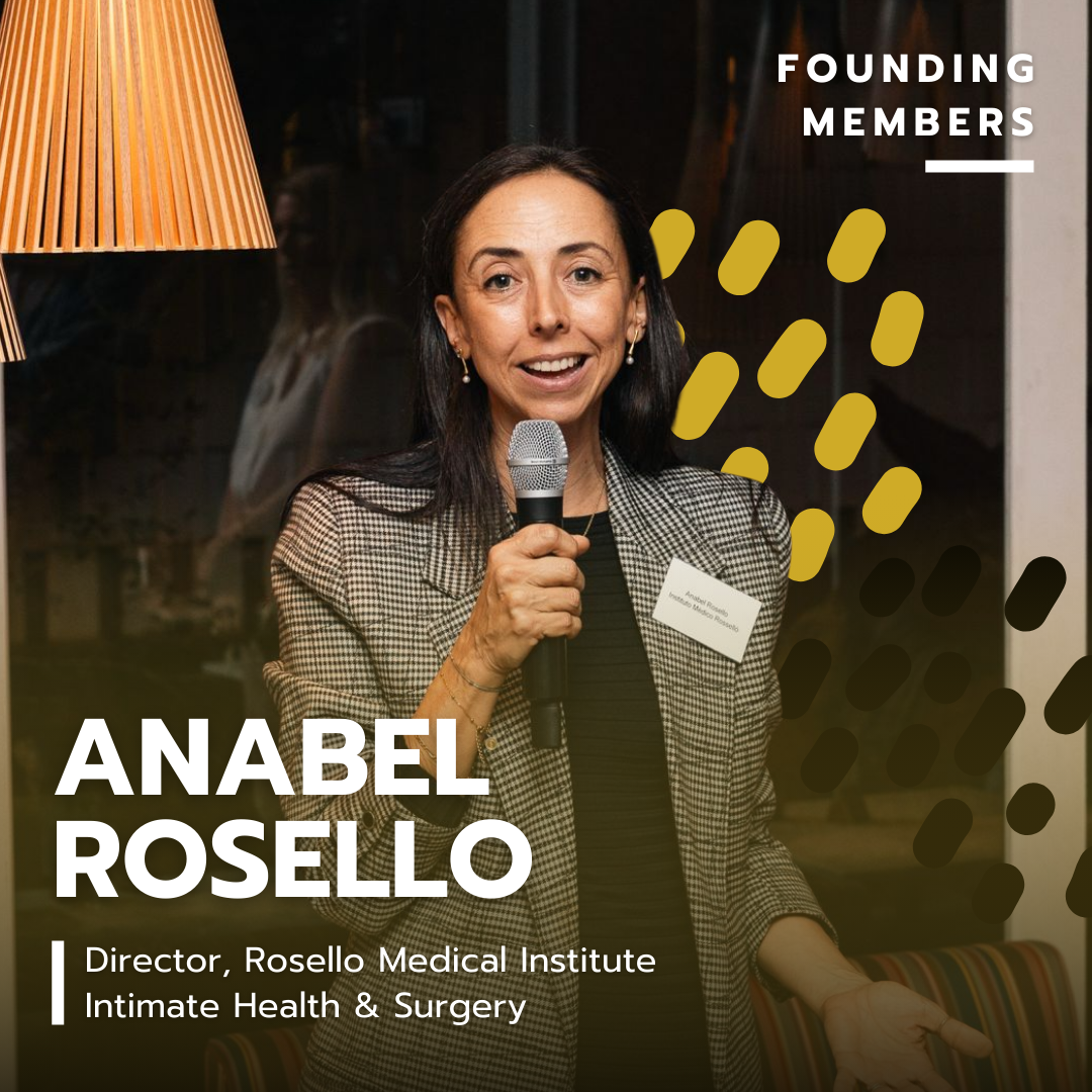 A woman with dark hair holding a microphone, dressed in a checkered blazer, standing indoors. Text overlay includes her name, Anabel Rosello, and her titles as Director of Rosello Medical Institute and expert in intimate health and surgery. Decorative yellow and black abstract shapes and text reading 'Founding Members' are also present.