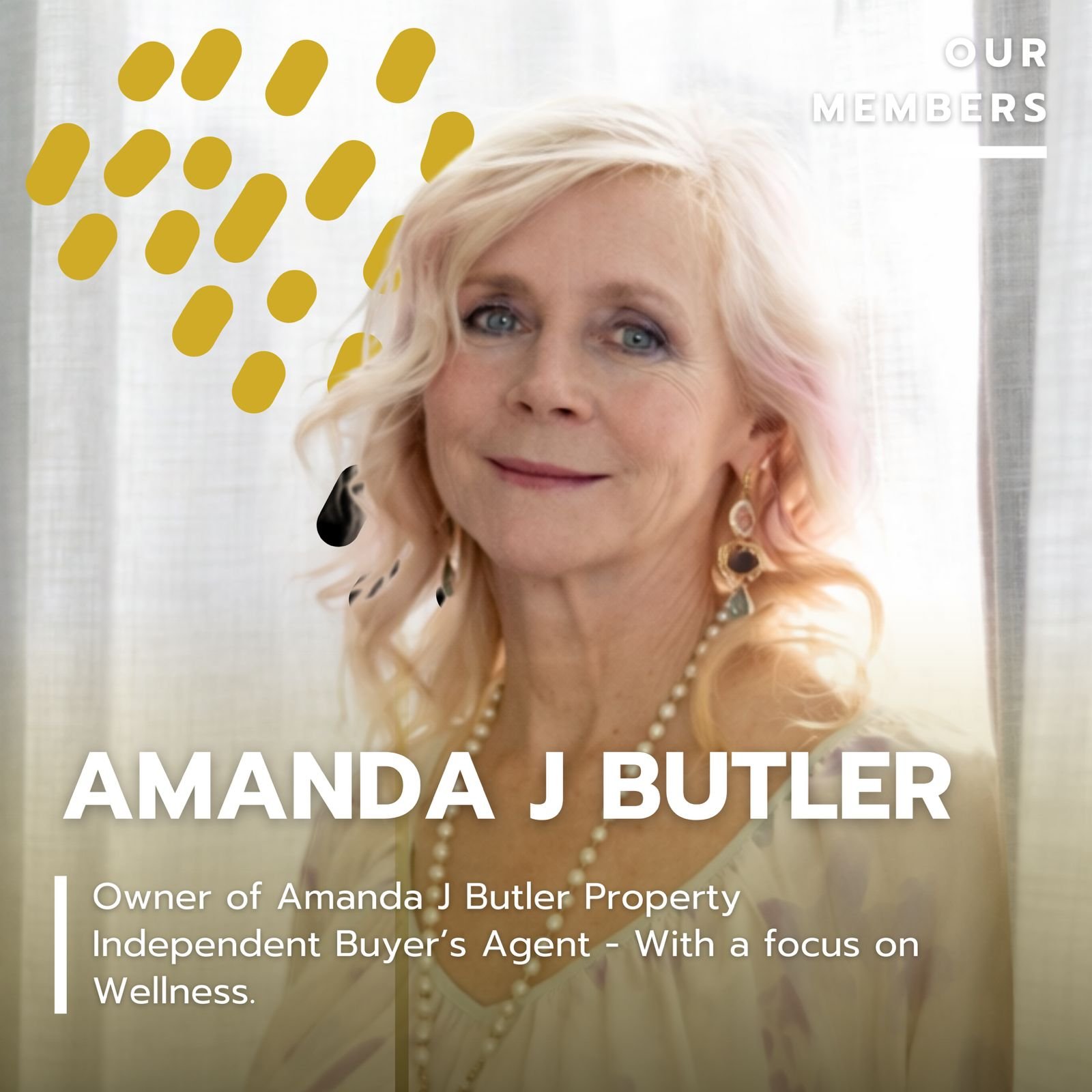 Photograph of Amanda J. Butler with light-colored hair, wearing a necklaces and earrings, set against a light background with yellow decorative shapes and text overlay.