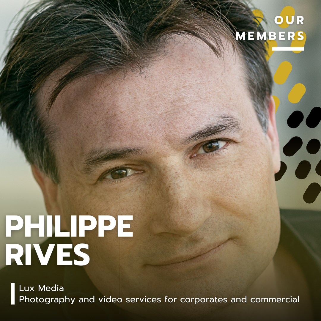 Close-up portrait of Philippe Rives with text overlay including his name, Lux Media, and description of photography and video services for corporate and commercial clients.