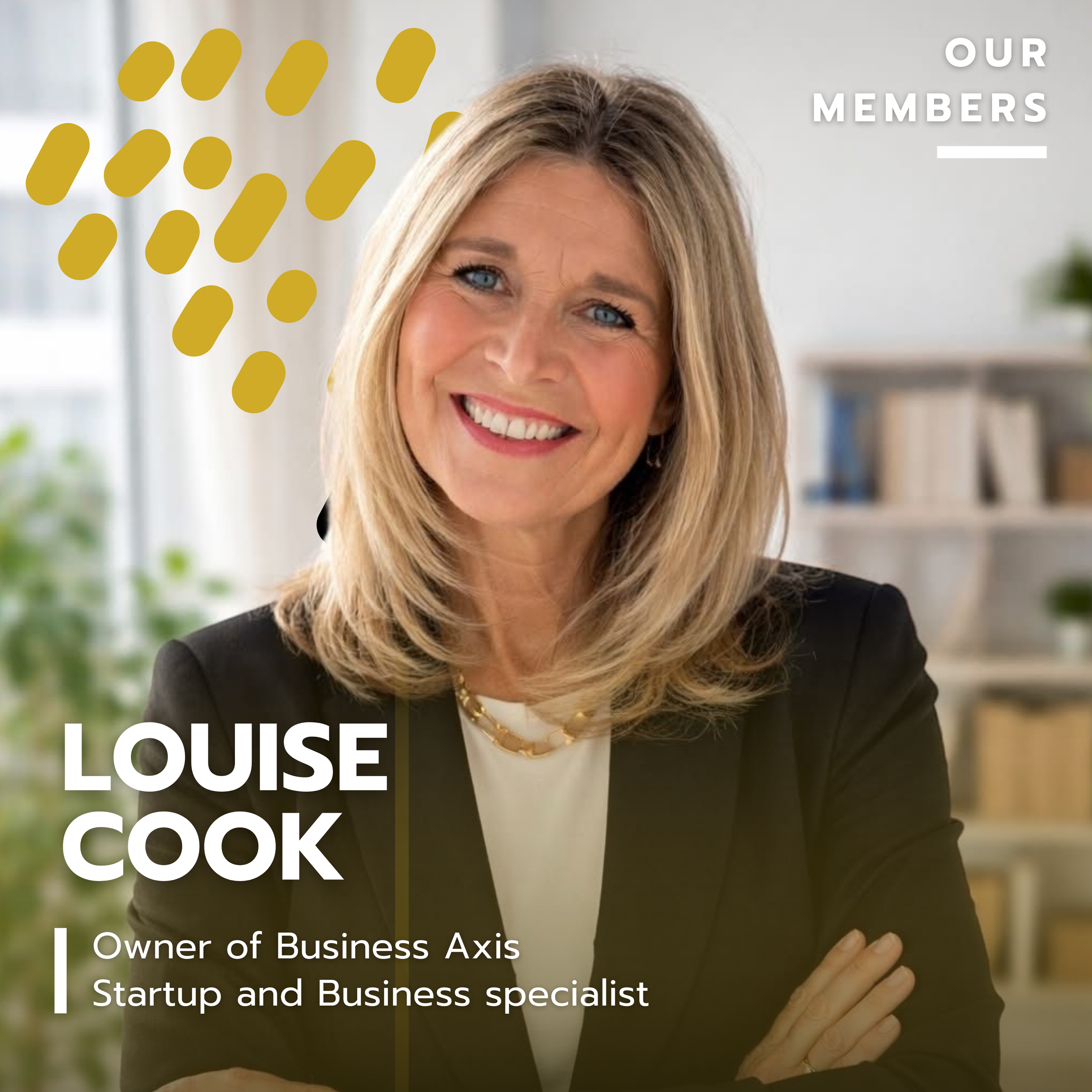 A woman with blonde hair and a black blazer smiling in an office setting with bookshelves and plants in the background.