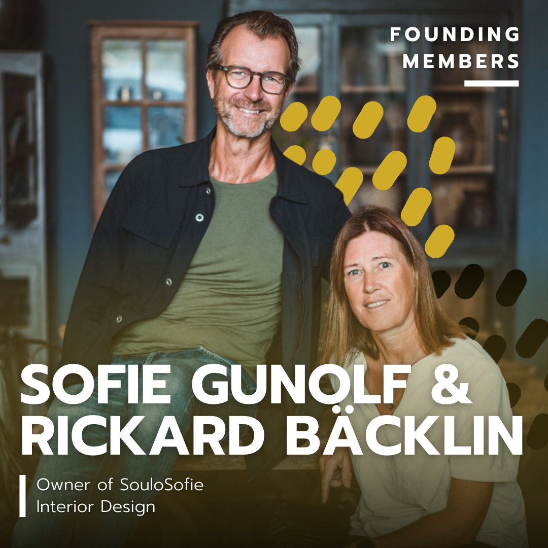 A man with glasses, beard, and green shirt standing and smiling next to a woman sitting down and smiling, in a room with wooden shelves. Text overlays include 'Founding Members,' 'Sofie Gunolf & Rickard Bäcklin,' and 'Owner of SouloSofie Interior Design.'