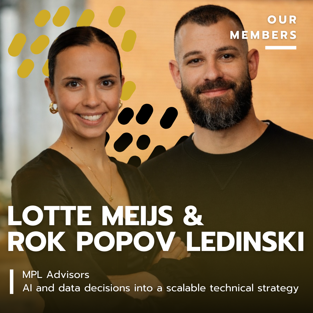 A smiling woman and man standing together, with the woman in front, in an indoor setting. The background features light colors with yellow and black abstract design elements. Text overlays include "Our Members" in the upper right corner, and below in bold, "Lotte Meijs & Rok Popov Ledinski." Additional text states, "MPL Advisors AI and data decisions into a scalable technical strategy."