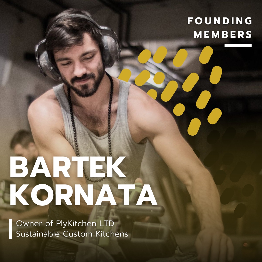 A man working out on gym equipment, wearing headphones and a gray tank top, with designer text overlay showing 'Bartek Kornata' and his titles as owner of PlyKitchen LTD and sustainable custom kitchens; decorative yellow abstract shapes in the background.