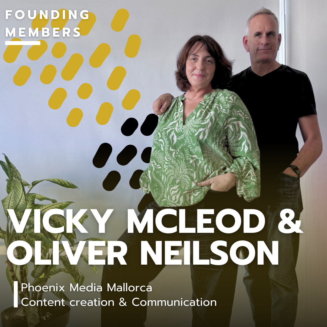 Photo of Vicky McLeod and Oliver Neilson standing, woman with short brown hair wearing a green patterned blouse, man with short gray hair wearing a black t-shirt, indoor setting with white wall and green plant