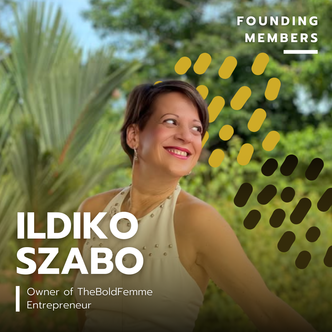 Photo of Ildiko Szabo smiling outdoors with jungle foliage in the background, wearing a white sleeveless top, with text overlay indicating she is the owner of TheBoldFemme and an entrepreneur.