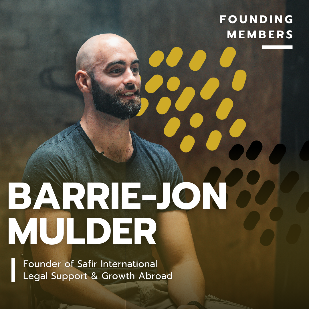 A man with a beard and bald head sitting and speaking in a casual setting, with text overlay introducing him as Barrie-Jon Mulder, founder of Safir International, Legal Support & Growth Abroad, for a founding members event.
