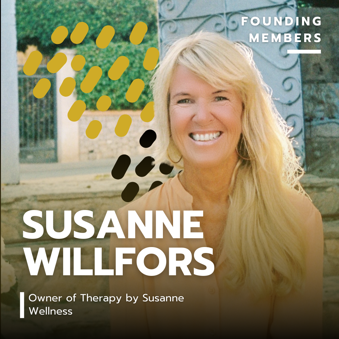 A smiling woman with long blonde hair, outdoors in front of a stone and metal gate, with yellow and black graphic elements and white text indicating she is Susanne Willfors, owner of Therapy by Susanne Wellness.
