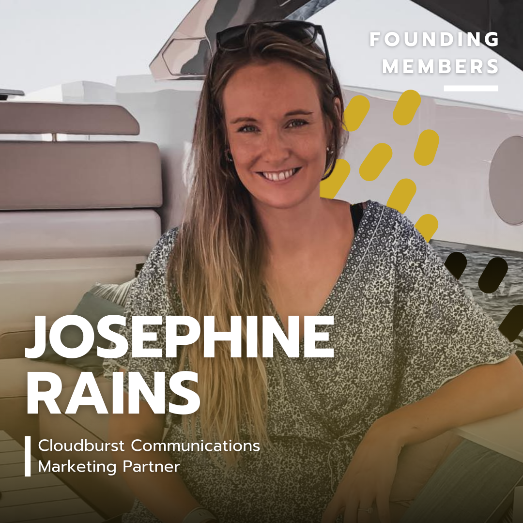 A woman with long, wavy hair smiling on a boat with sunglasses on her head, wearing a patterned top. Text overlay includes her name Josephine Rains and titles, with a graphic of yellow and black dots, and text that reads founding members.