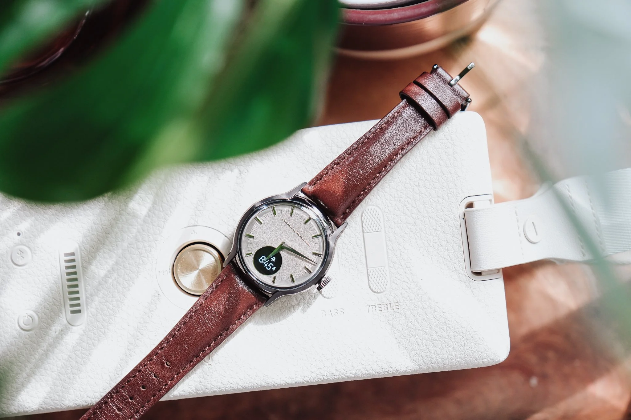 A wristwatch with a silver face and leather strap resting on a white textured surface, with blurred green plants and a camera in the background.