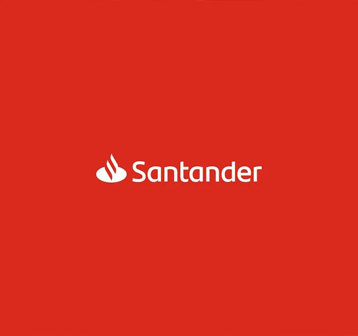 Red background with a white logo of a flame and the word 'Santander' in white text.