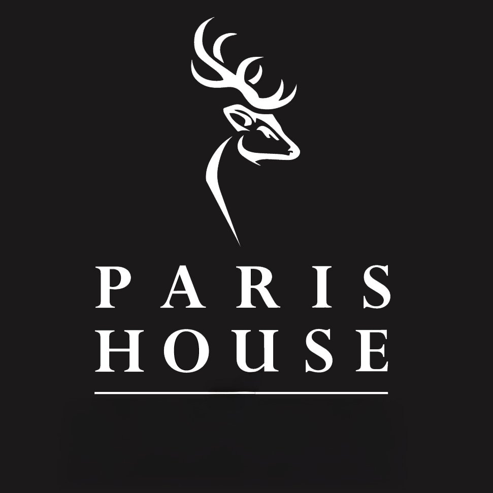 Black and white logo featuring a stylized deer head with antlers above the text 'Paris House'