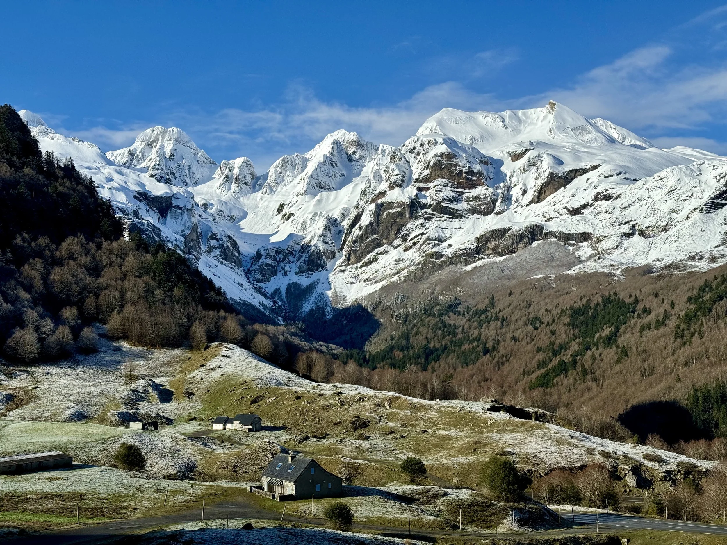 Montagnes enneigées avec un ciel bleu clair, une forêt de conifères, et quelques maisons dans une vallée verdoyante.
