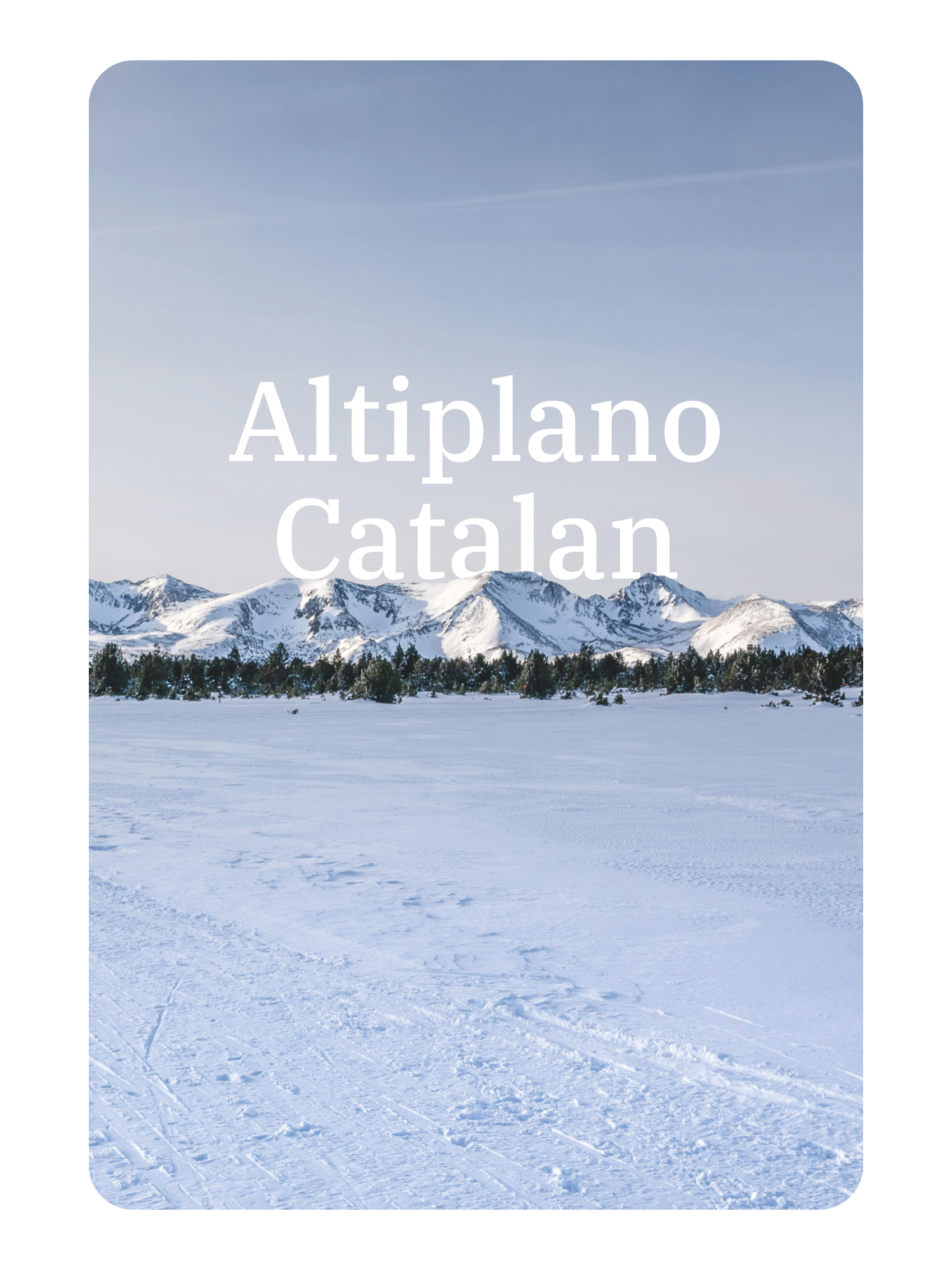 Photo d'un paysage enneigé avec montagnes et forêt, et texte en français 'Altiplano Catalan'.