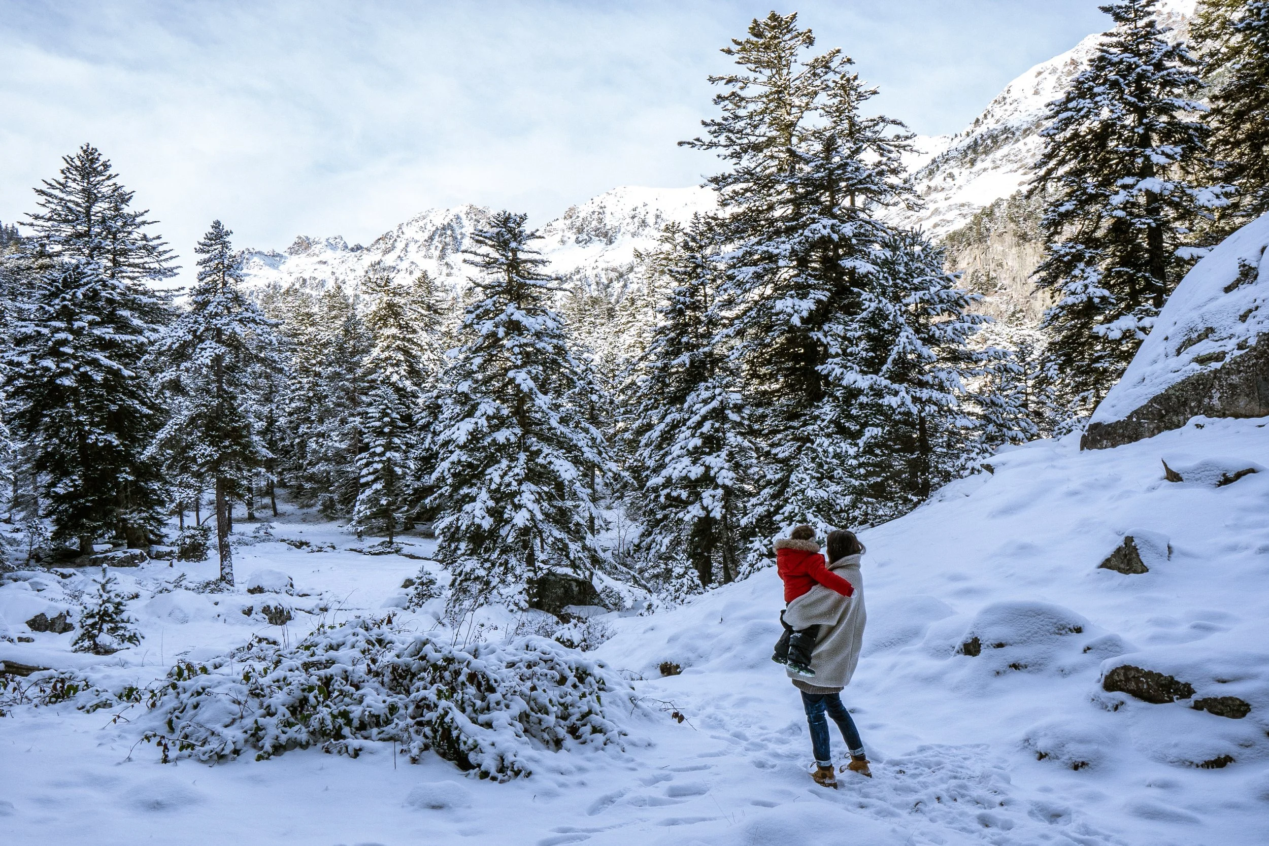 Une femme portant un manteau gris et un bonnet, tenant un enfant habillé en rouge, dans une forêt enneigée avec des montagnes en arrière-plan.