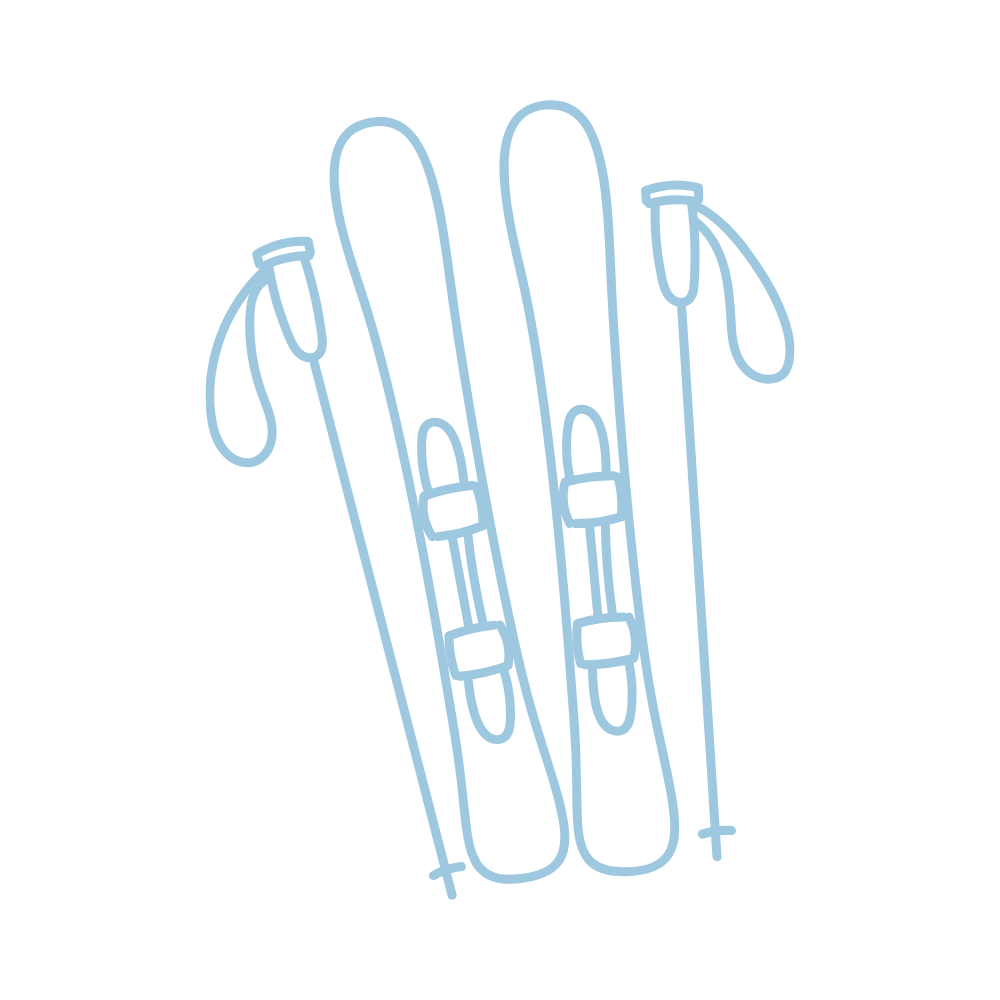 Croquis de skis avec fixations et bâtons, croisés.