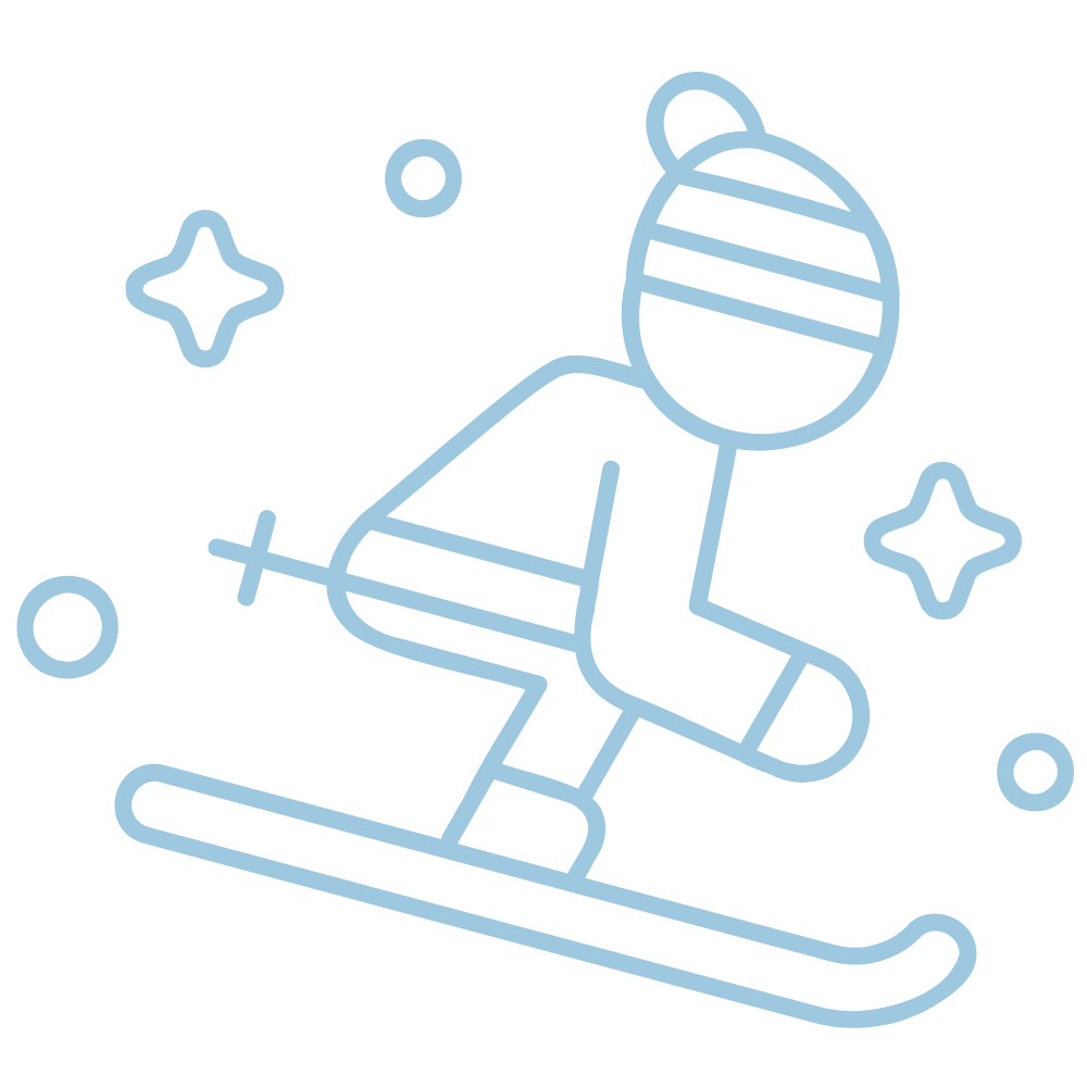 Illustration simple d'un skieur portant un casque et des vêtements, descendant une pente, avec des étoiles et des cercles décoratifs autour.