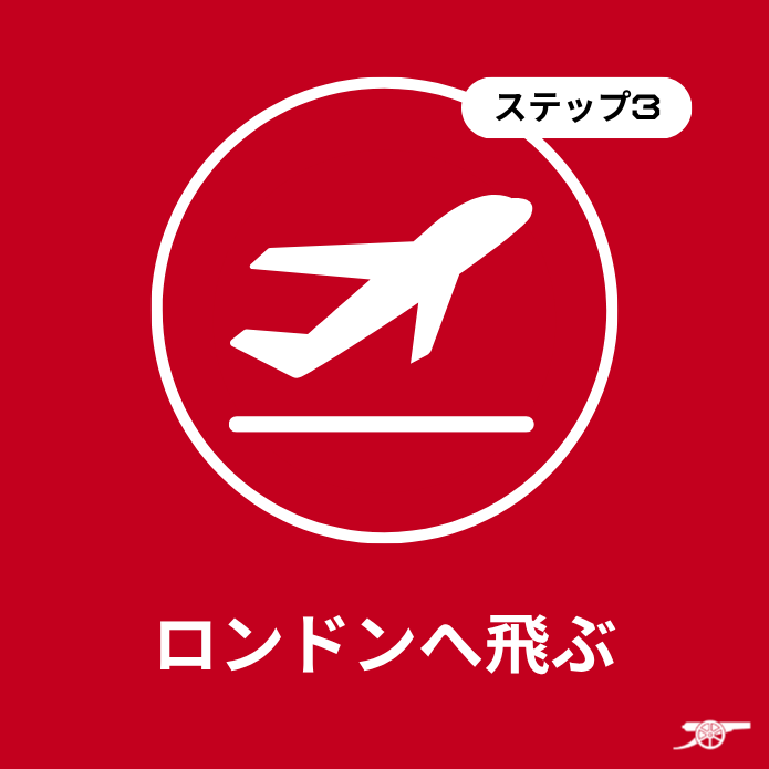 赤背景に白い飛行機のアイコンと「ステップ3」という吹き出し、下に「ロンドンへ飛ぶ」という文字。