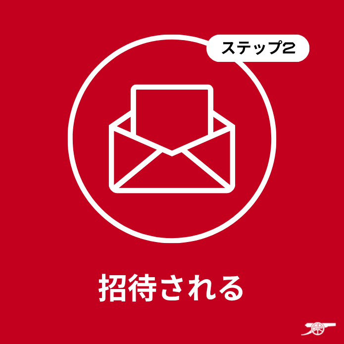 赤い背景に封筒のアイコンと「ステップ2 招待される」というテキスト